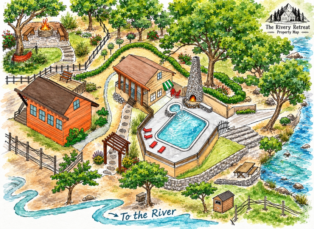 Drawing of property and grounds with logo